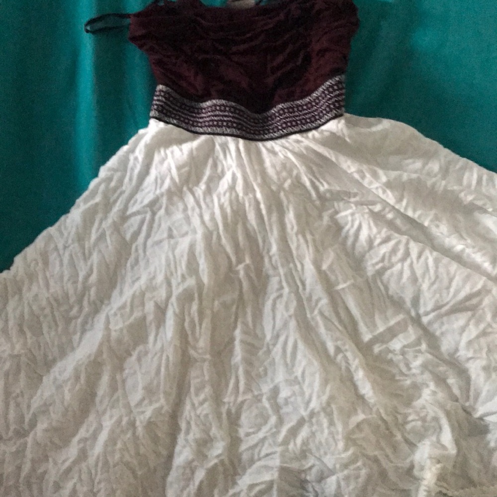 Strapless burgundy and white mini dress